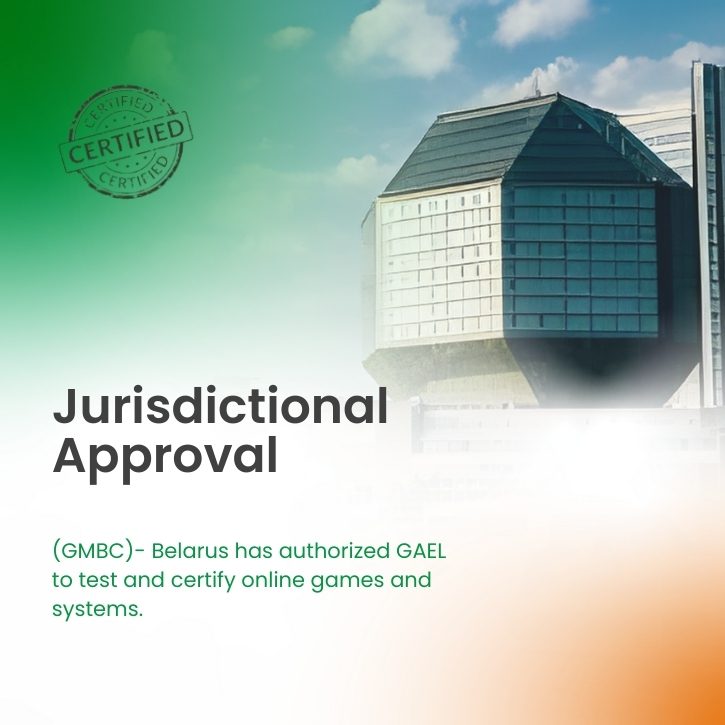 Promotional graphic showing Belarus GMBC jurisdictional approval granted to GAEL for testing and certifying online games, with National Library of Belarus in background
