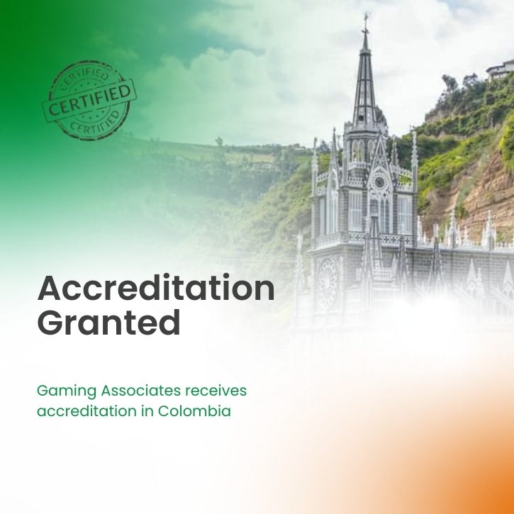 Gaming Associates granted certification in Colombia; background features Gothic-style Las Lajas Sanctuary over Guáitara River