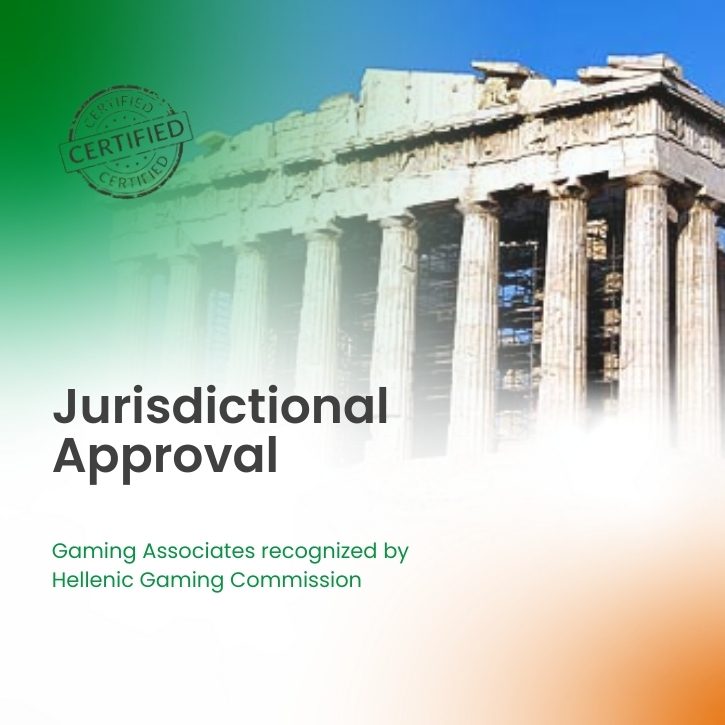 Promotional graphic for Gaming Associates, accredited iGaming test lab providing jurisdictional approval and recognized by Hellenic Gaming Commission