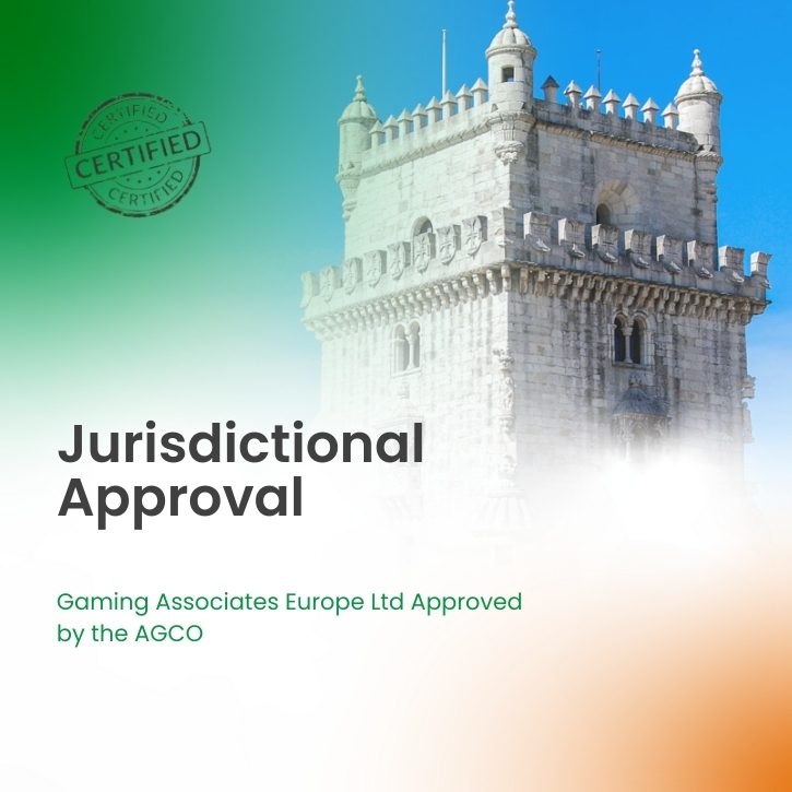Jurisdictional approval and certification for Gaming Associates Europe Ltd by AGCO, with Belém Tower in Lisbon, Portugal in background