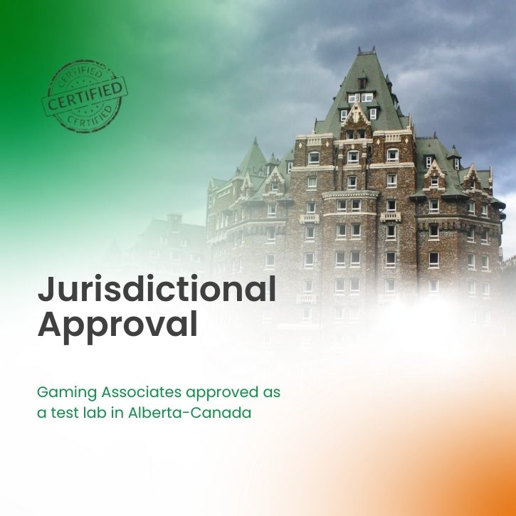 Certification of jurisdictional approval for Gaming Associates as a test lab in Alberta, Canada, with Fairmont Banff Springs Hotel in background