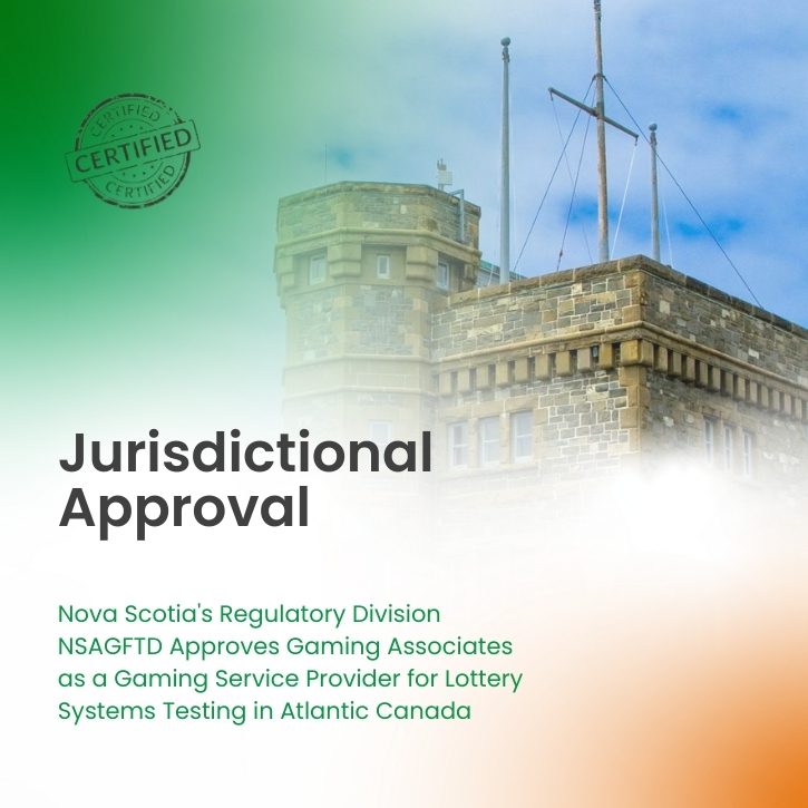 Announcement that Nova Scotia Regulatory Division approves Gaming Associates as lottery systems testing provider in Atlantic Canada, with Cabot Tower in St. John's, Newfoundland in background