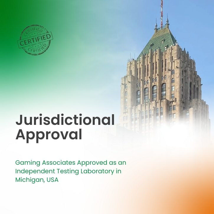 Certification of jurisdictional approval for Gaming Associates as an independent testing laboratory in Michigan, USA, with Detroit’s Art Deco Fisher Building in background