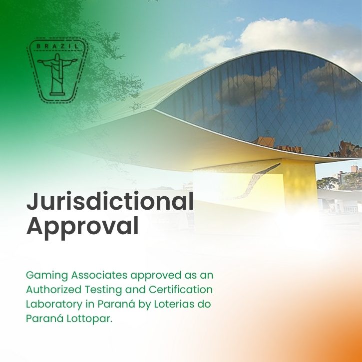 Gaming Associates receives jurisdictional approval as authorized testing and certification laboratory in Paraná, Brazil, with Oscar Niemeyer Museum in Curitiba in background