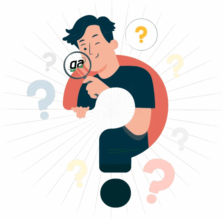 Creative visual of a user searching with a magnifying glass and question marks, symbolising discovery and trust — reflecting how Gaming Associates helps clients navigate iGaming compliance, certifications, and regulatory clarity worldwide.