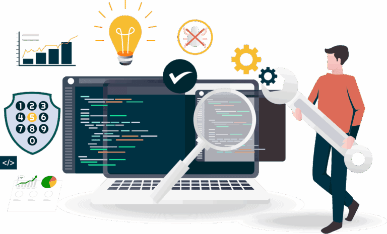 Visual of a developer auditing source code on a laptop surrounded by shields, analytics, and configuration tools symbolising Gaming Associates’ secure code review services that support iGaming operators in meeting global compliance, testing, and technical assurance standards.