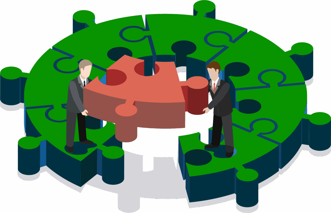 Illustration of two people assembling a puzzle symbolizing compliance, certification, and testing solutions in the global iGaming industry.