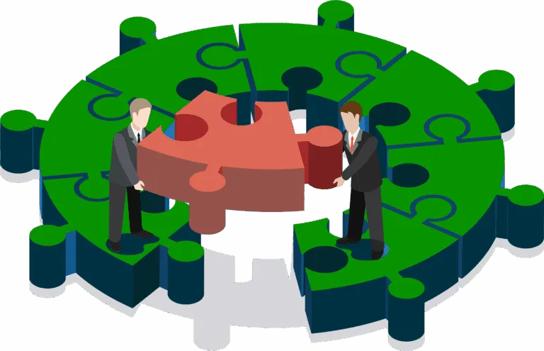 Illustration of two people assembling a puzzle symbolizing compliance, certification, and testing solutions in the global iGaming industry.