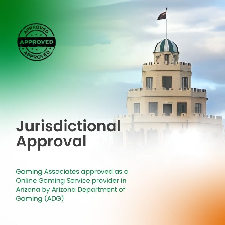 Promotional graphic announcing Gaming Associates’ approval to operate as an online gaming service provider in Arizona, with Tovrea Castle in Phoenix in background