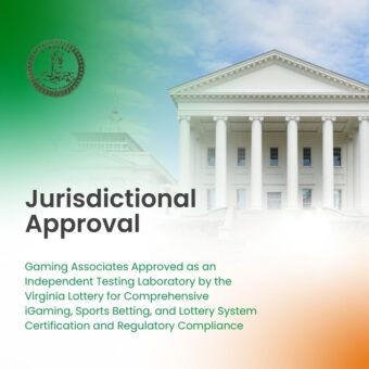 Promotional graphic announcing Gaming Associates receives jurisdictional approval from Virginia Lottery as independent testing laboratory for iGaming, sports betting, and lottery systems
