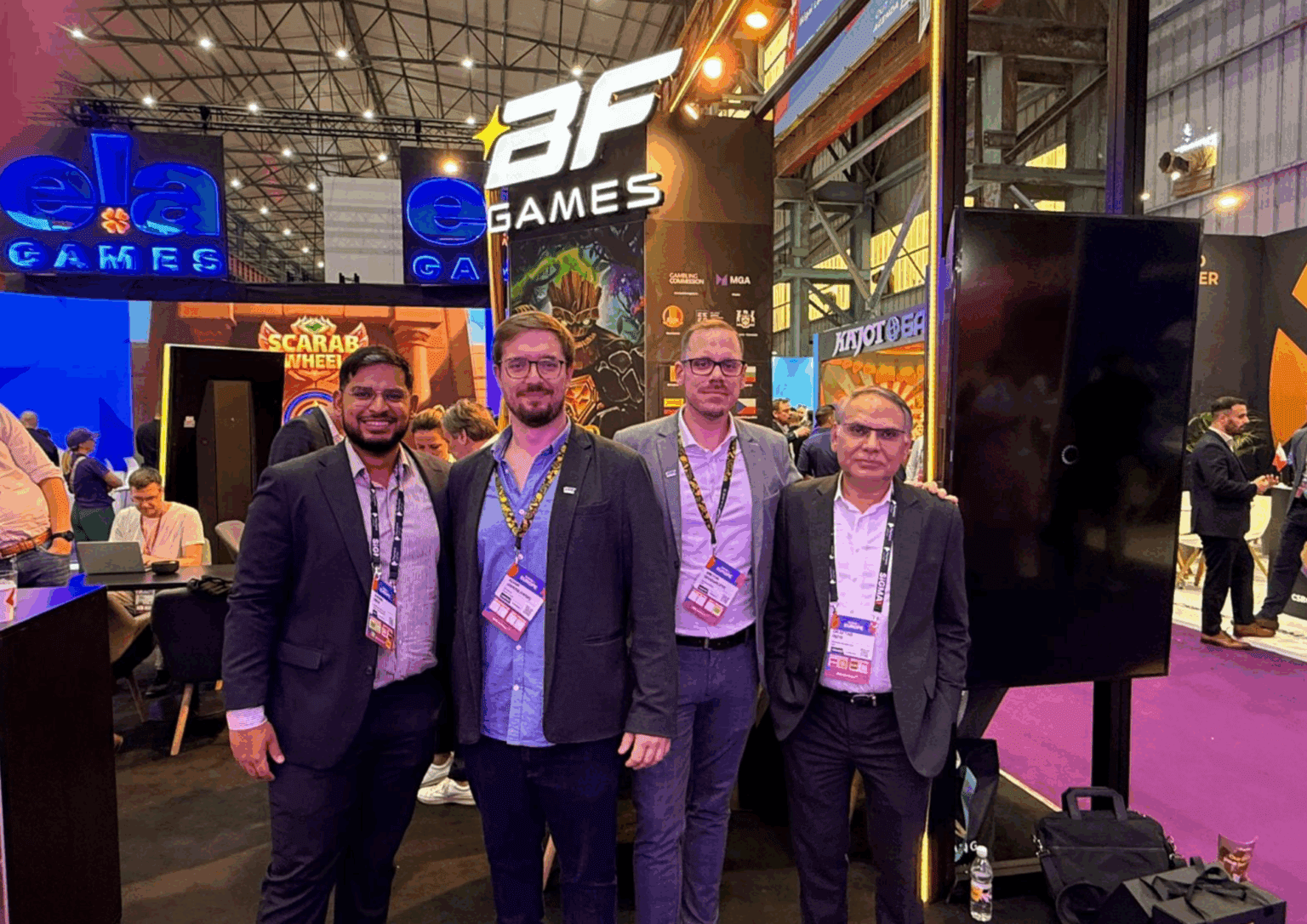 Gaming Associates leadership team at SiGMA event: Dr. Aftab Rizvi (CEO), Srikanth Balini (Chief Business Officer), Zuhair Rizvi (Director of Operations), and Qasim Raza (CTO & Cyber Security Consultant), showcasing innovation, compliance, and Wagering expertise in the global gaming industry.