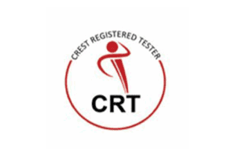 Logo for CREST Registered Tester (CRT) featuring a stylized red figure and circular design with the text "CREST REGISTERED TESTER CRT".
