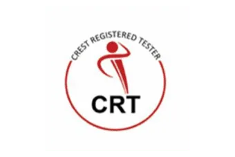 Logo for CREST Registered Tester (CRT) featuring a stylized red figure and circular design with the text "CREST REGISTERED TESTER CRT".