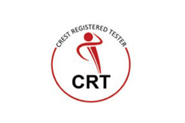 Logo for CREST Registered Tester (CRT) featuring a stylized red figure and circular design with the text "CREST REGISTERED TESTER CRT".