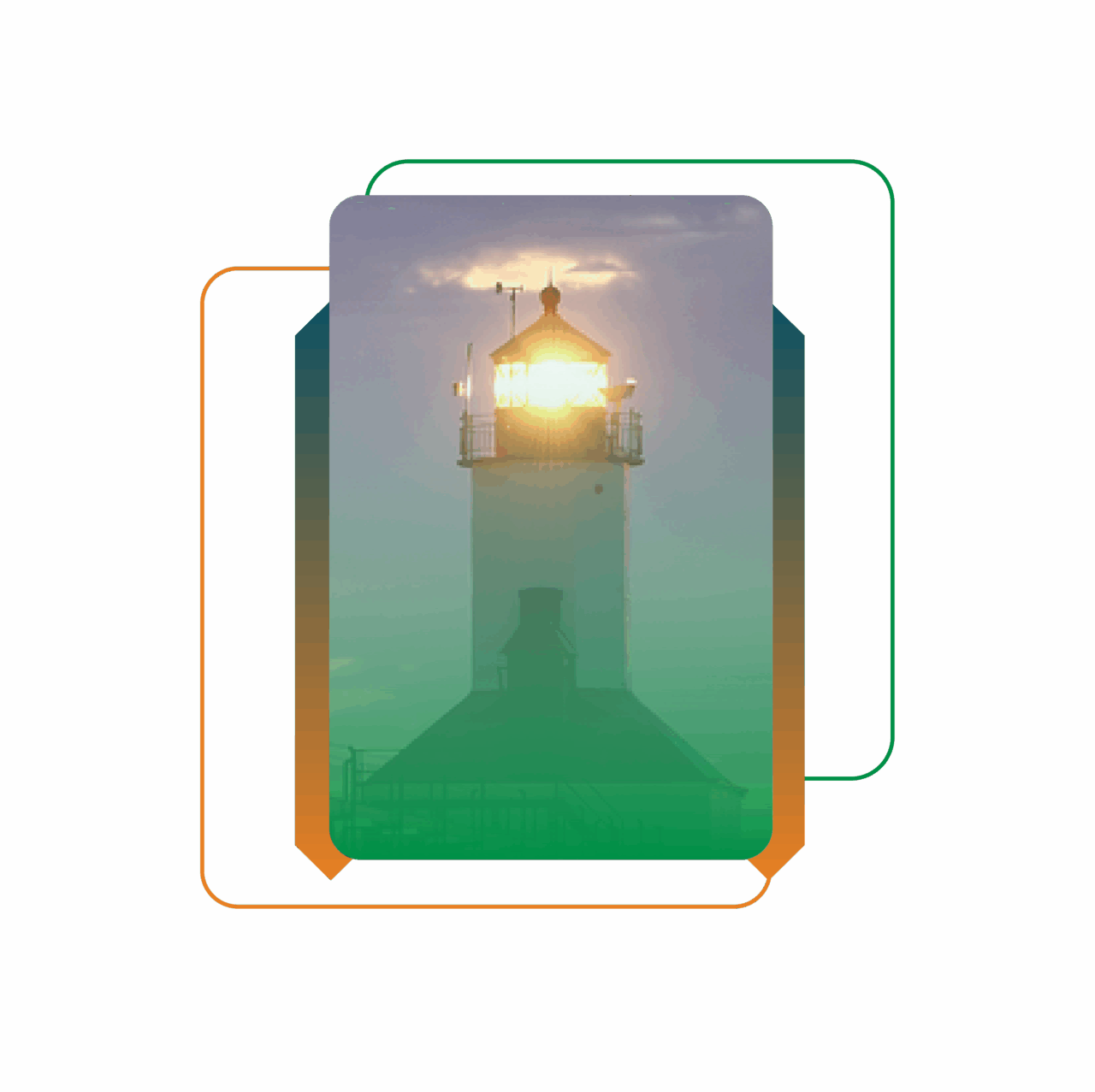 Michigan iGaming Compliance & MGCB Certification | Gaming Associates - A lighthouse shining its beacon at dusk, framed by colorful geometric overlays on a bright green background - Michigan iGaming