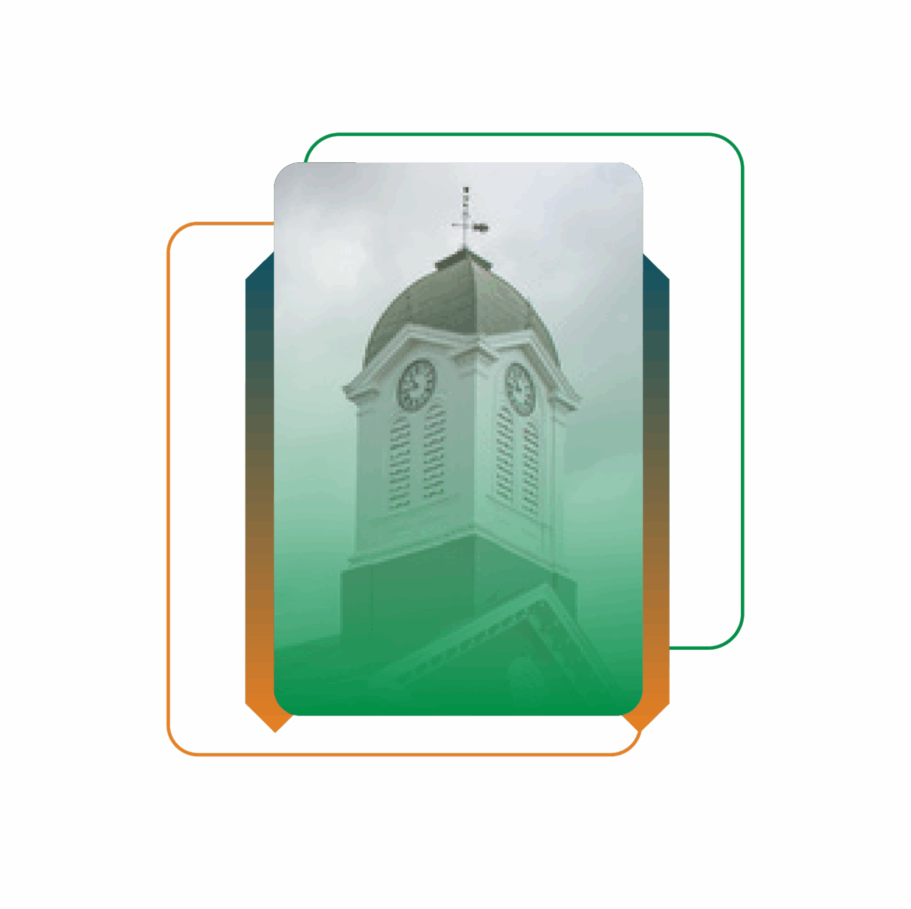 A classic clock tower with a domed roof and weather vane, framed by colorful geometric overlays on a black background. iGaming Compliance | Gaming Associates