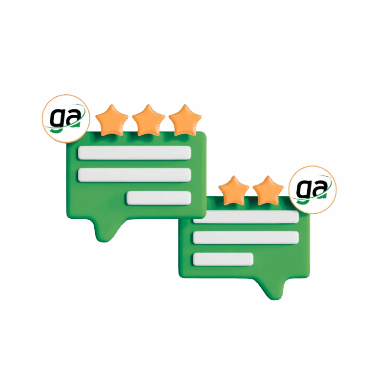 A 3D illustration of customer feedback and review concept showing two green speech bubbles with star ratings, symbolizing customer satisfaction and positive service reviews.